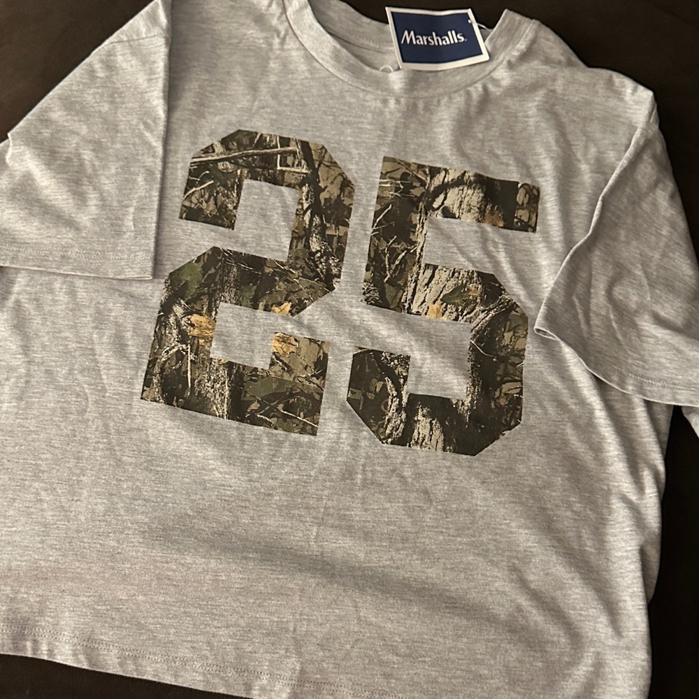 Marshalls Women’s Short Sleeve Tee with Camouflage '25' Graphic - Light Gray